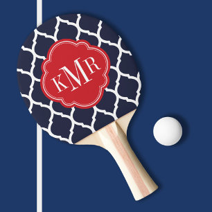 Navy Blauw en Rood Marokkaans Quatrefoil Monogram Tafeltennisbatje