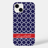Navy Blauw en Rood Quatrefoil Monogram Case-Mate iPhone Case (Achterkant)