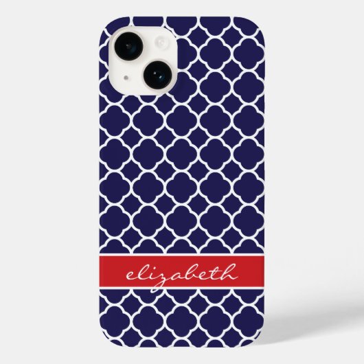 Navy Blauw en Rood Quatrefoil Monogram Case-Mate iPhone Case (Achterkant)
