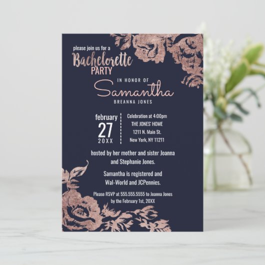 Navy Blauw en Roos Goud Bloemen Bachelorette Party Kaart (Staand voorkant)