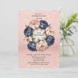 Navy Blauw en Roos Goud Bloemen Bachelorette Party Kaart