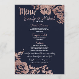 Navy Blauw en Roos Goud Bloemen Bruiloft Menu