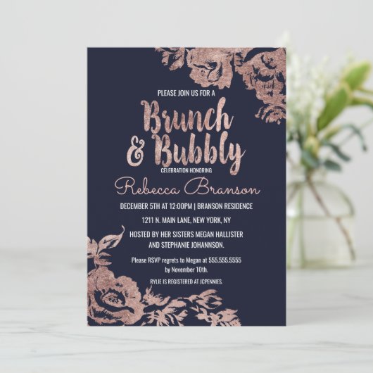 Navy Blauw en Roos Goud Bloemen Brunch en Bubbly Kaart (Staand voorkant)