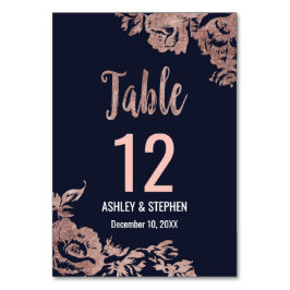 Navy Blauw en Roos Goud Bloemen Tafel Nummers Kaart