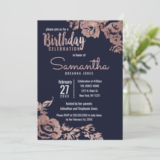 Navy Blauw en Roos Goud Bloemen Verjaardagsfeest Kaart (Staand voorkant)