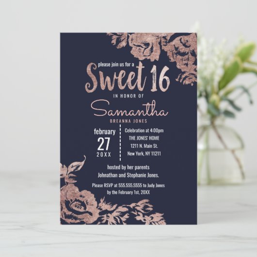 Navy Blauw en Roos Goud Bloemzoet 16 Kaart (Staand voorkant)