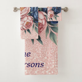 Navy Blauw en Roos Gouden Bloemen Bad Handdoek