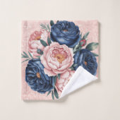 Navy Blauw en Roos Gouden Bloemen Bad Handdoek (Wasdoekje)