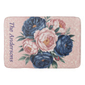 Navy Blauw en Roos Gouden Bloemen Badmat (Voorkant)