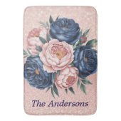 Navy Blauw en Roos Gouden Bloemen Badmat (Voorkant Verticaal)