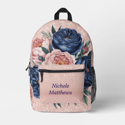 Navy Blauw en Roos Gouden Bloemen Bedrukte Rugzak (Voorkant)