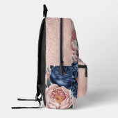 Navy Blauw en Roos Gouden Bloemen Bedrukte Rugzak (Links)