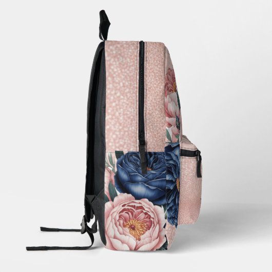 Navy Blauw en Roos Gouden Bloemen Bedrukte Rugzak (Links)