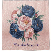 Navy Blauw en Roos Gouden Bloemen Douchegordijn (Voorkant)