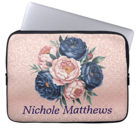 Navy Blauw en Roos Gouden Bloemen Laptop Sleeve