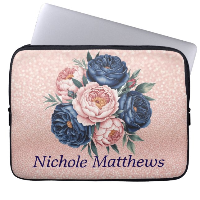 Navy Blauw en Roos Gouden Bloemen Laptop Sleeve (Voorkant)