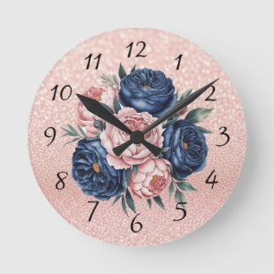Navy Blauw en Roos Gouden Bloemen Ronde Klok