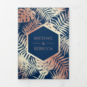Navy Blauw en Roos Gouden Folie Tropische Palm Bru Drieluik Uitnodiging (Cover)