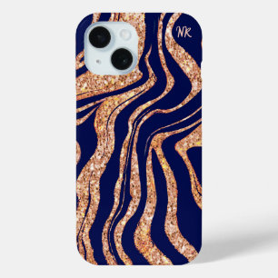 Navy blauw en Roos gouden glitter Zebra Monogram iPhone 15 Case