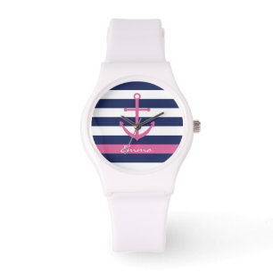 Navy blauw en roze anker monogram horloge