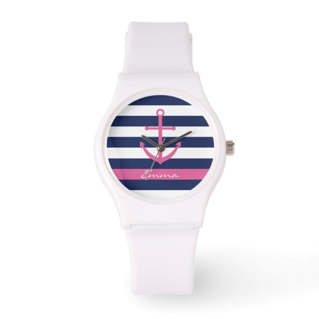 Navy blauw en roze anker monogram horloge (Voorkant)