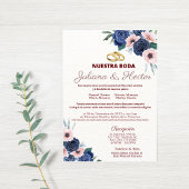 Navy Blauw en Roze Bloemen Bruiloft Uitnodiging