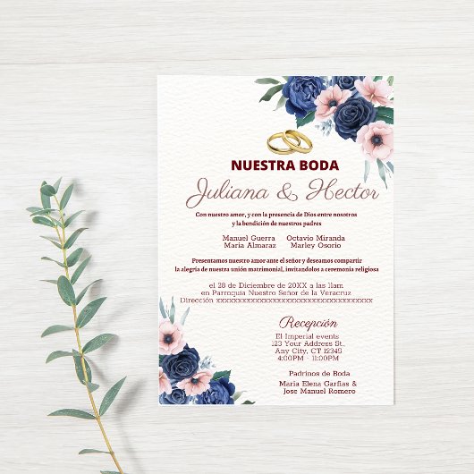 Navy Blauw en Roze Bloemen Bruiloft Uitnodiging