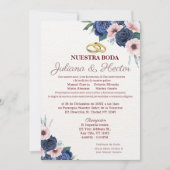 Navy Blauw en Roze Bloemen Bruiloft Uitnodiging (Voorkant)