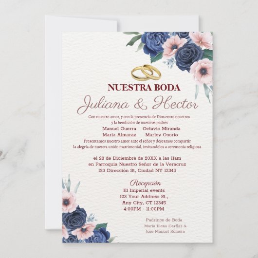 Navy Blauw en Roze Bloemen Bruiloft Uitnodiging (Voorkant)