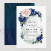 Navy Blauw en Roze Bloemen Modern Repetitie Diner Kaart (Voorkant / Achterkant)