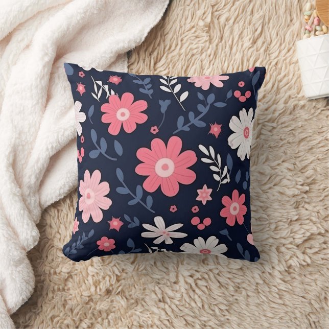 Navy Blauw en Roze Bloemen Paisley Kussen (Deken)