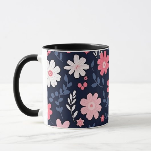Navy Blauw en Roze Bloemen Paisley Mok (Links)