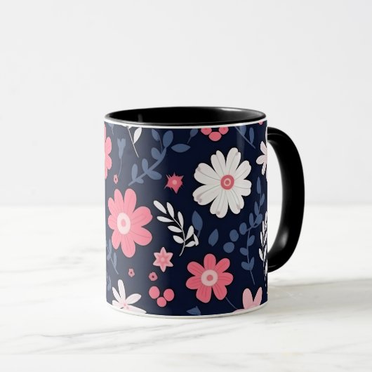 Navy Blauw en Roze Bloemen Paisley Mok (Voorkant rechts)