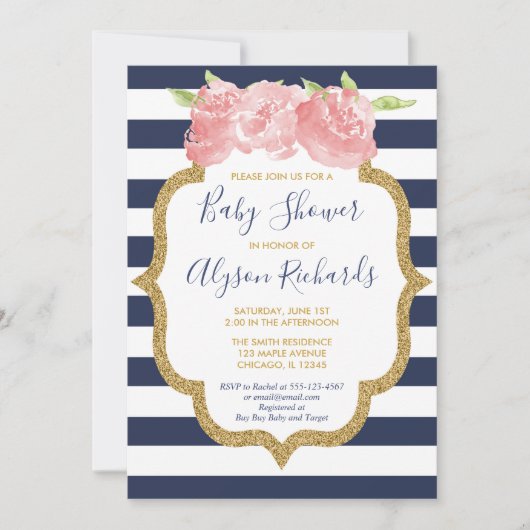 Navy blauw en roze bloemenmeisje baby shower kaart (Voorkant)