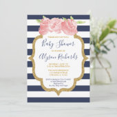 Navy blauw en roze bloemenmeisje baby shower kaart (Staand voorkant)