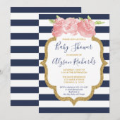 Navy blauw en roze bloemenmeisje baby shower kaart (Voorkant / Achterkant)