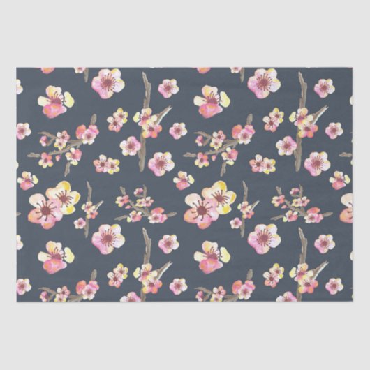 Navy Blauw en Roze Kersenbloesem Bloemen Tissuepapier (Voorkant)