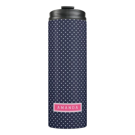 Navy Blauw en Roze Kleine Stippen Monogram Thermosbeker (Voorkant)