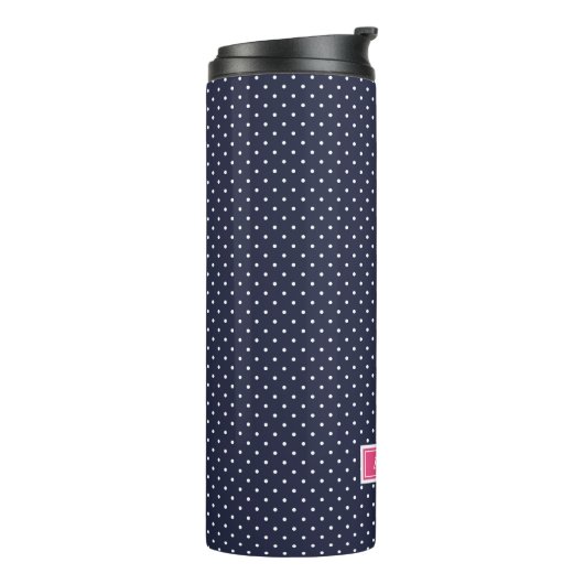 Navy Blauw en Roze Kleine Stippen Monogram Thermosbeker (Gedraaid links)