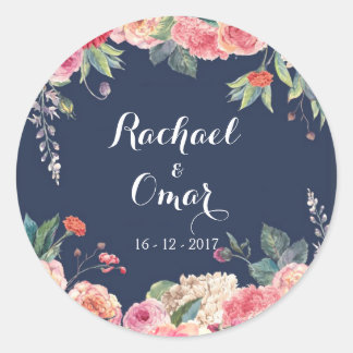 Navy Blauw en roze pioen Bruiloft Sticker