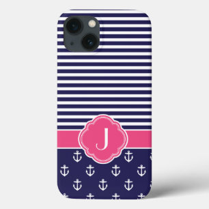 Navy Blauw en Roze Preppy Nautisch Monogram Case-Mate iPhone Case