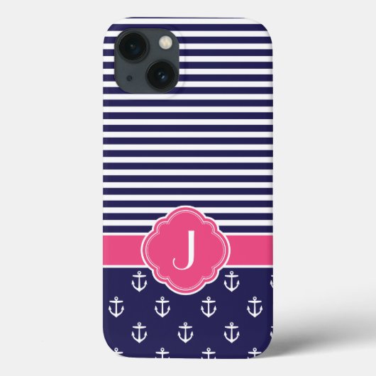 Navy Blauw en Roze Preppy Nautisch Monogram Case-Mate iPhone Case (Achterkant)