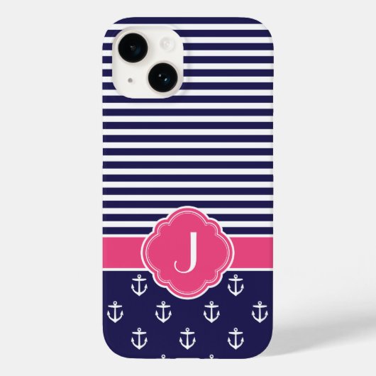 Navy Blauw en Roze Preppy Nautisch Monogram Case-Mate iPhone Case (Achterkant)