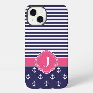 Navy Blauw en Roze Preppy Nautisch Monogram iPhone 13 Hoesje