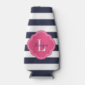 Navy Blauw en Roze Preppy Strepen Monogram Flesjeskoeler (Voorkant)