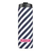 Navy Blauw en Roze Preppy Strepen Monogram Thermosbeker (Voorkant)
