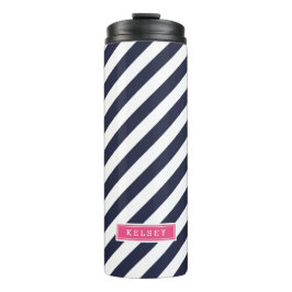 Navy Blauw en Roze Preppy Strepen Monogram Thermosbeker