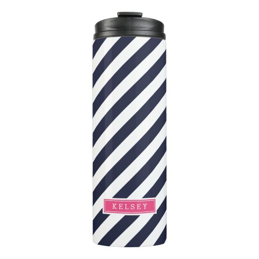 Navy Blauw en Roze Preppy Strepen Monogram Thermosbeker (Voorkant)