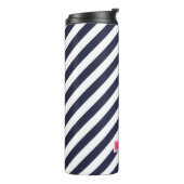 Navy Blauw en Roze Preppy Strepen Monogram Thermosbeker (Gedraaid links)