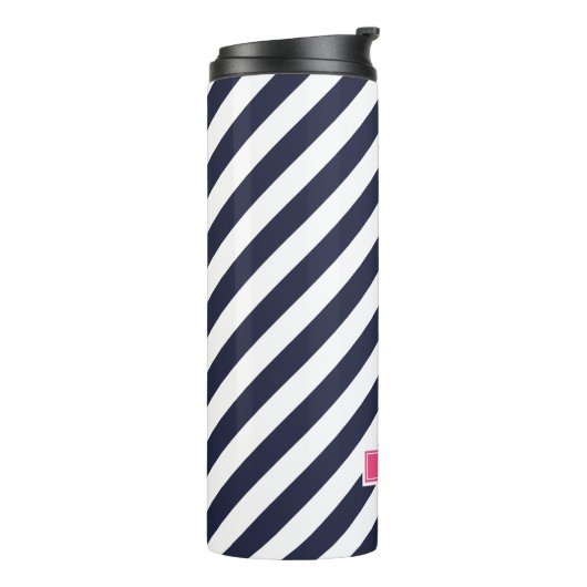 Navy Blauw en Roze Preppy Strepen Monogram Thermosbeker (Gedraaid links)